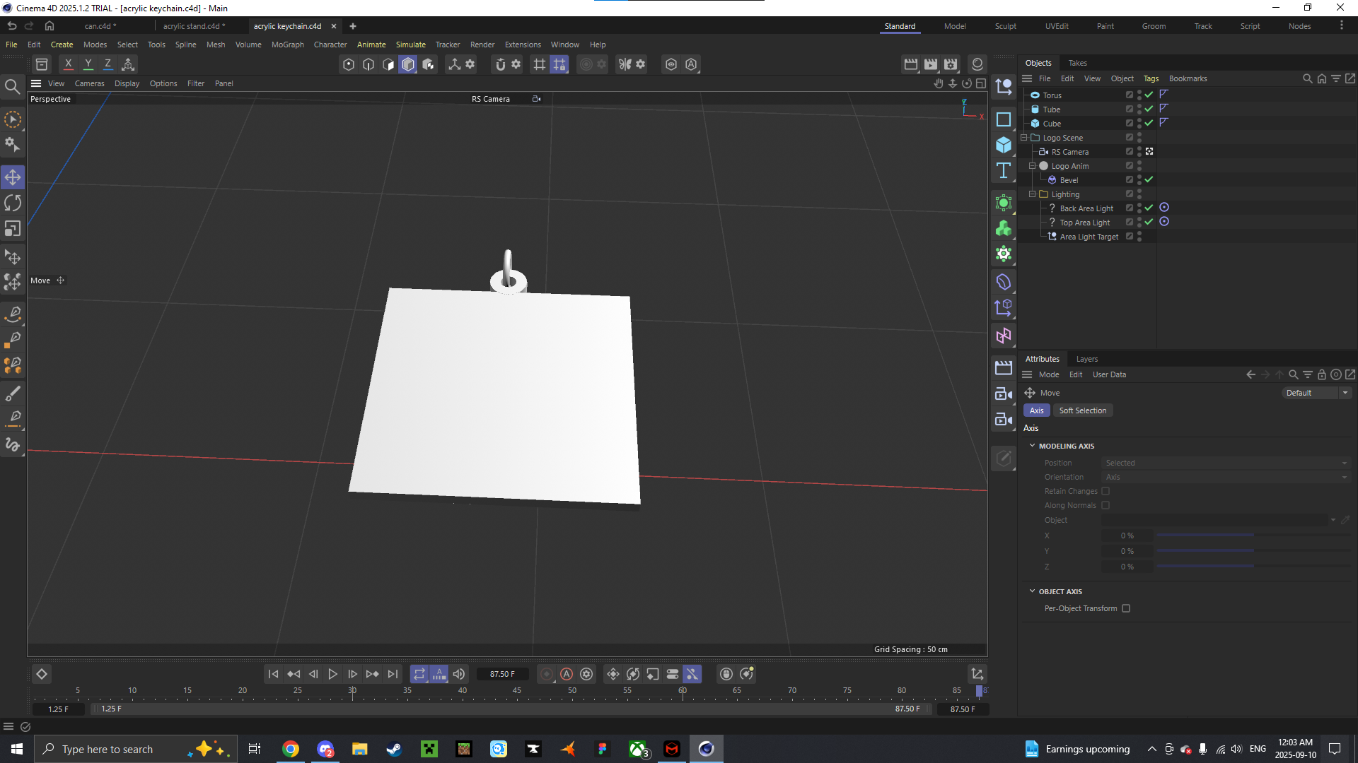 Modelling the acrylic keychain was easy since its main shape was a square, but I struggled a bit with the smaller details like the small extruding circular part with the chain on it- it was hard to get it centered and the right size.